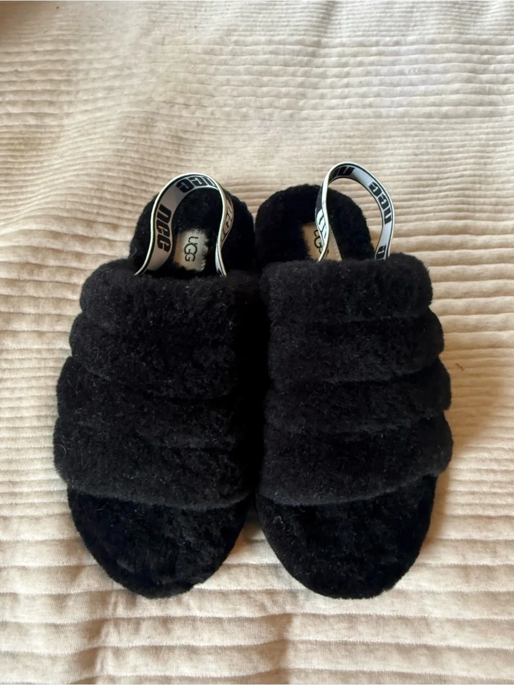 UGG Kids Black Fuzzy Slide Sandals with Branded Heel Strap